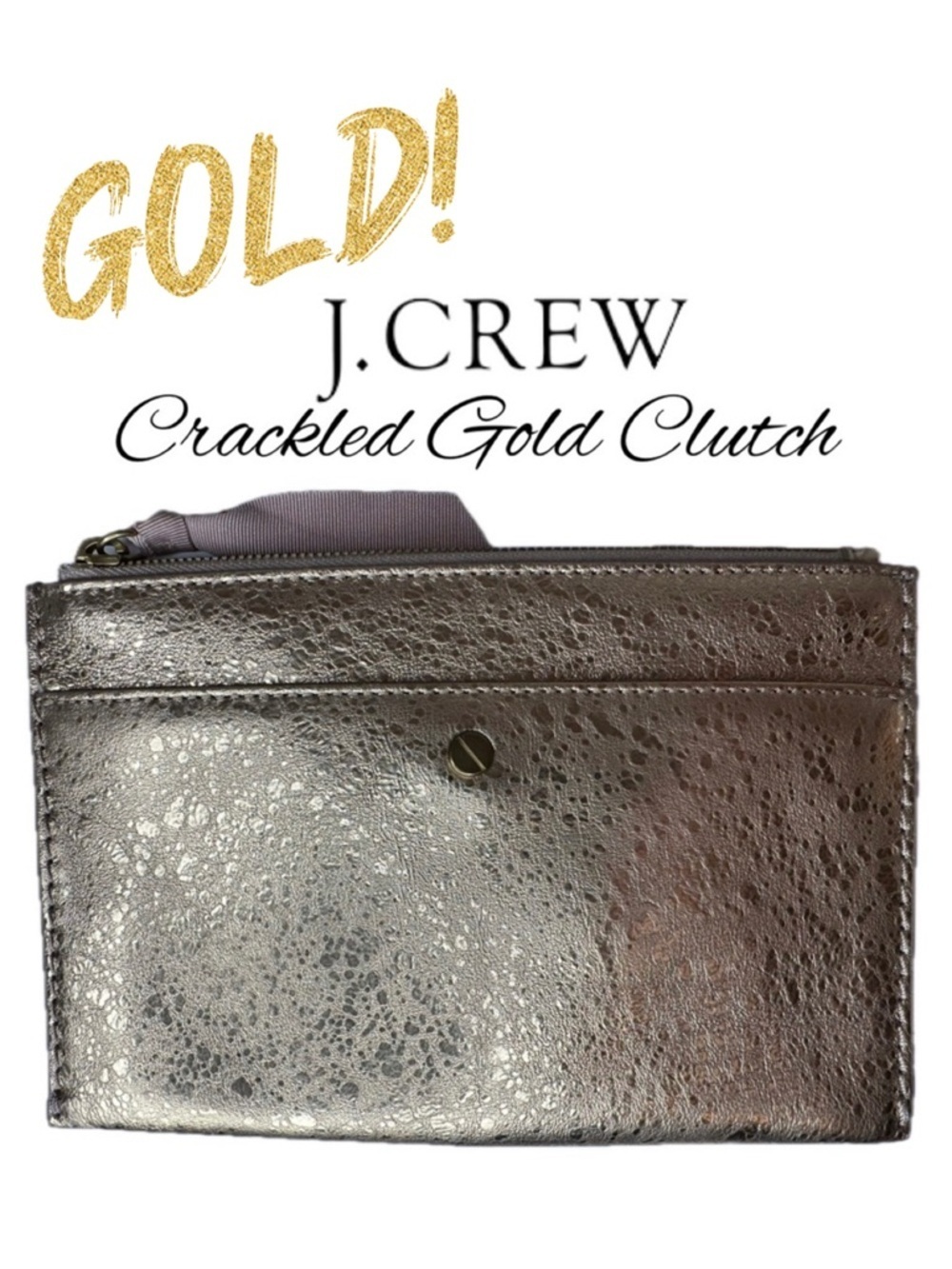 J.CREW Metallic Crackled Gold Foil Pouch Clutch Leather Zip Top Snap Pocket Diva